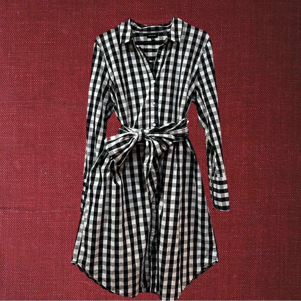 Buffalo Check Shirt Dress with Wide Tie - Gray/Black/White, XL